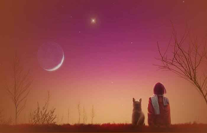 Девушка с котом колдует на растущей Луне